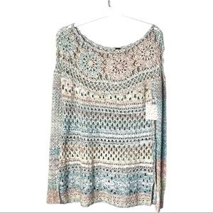 NWT Free People Ring of Roses Spring Sky Crochet Pink Blue Tunic Sweater Medium